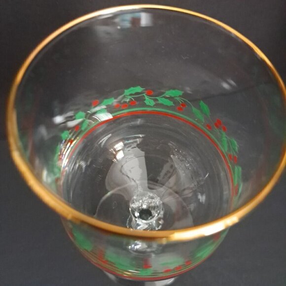 Vintage Holiday Glass Goblet Holly & Berry Design Gold Rim - Picture 5 of 11